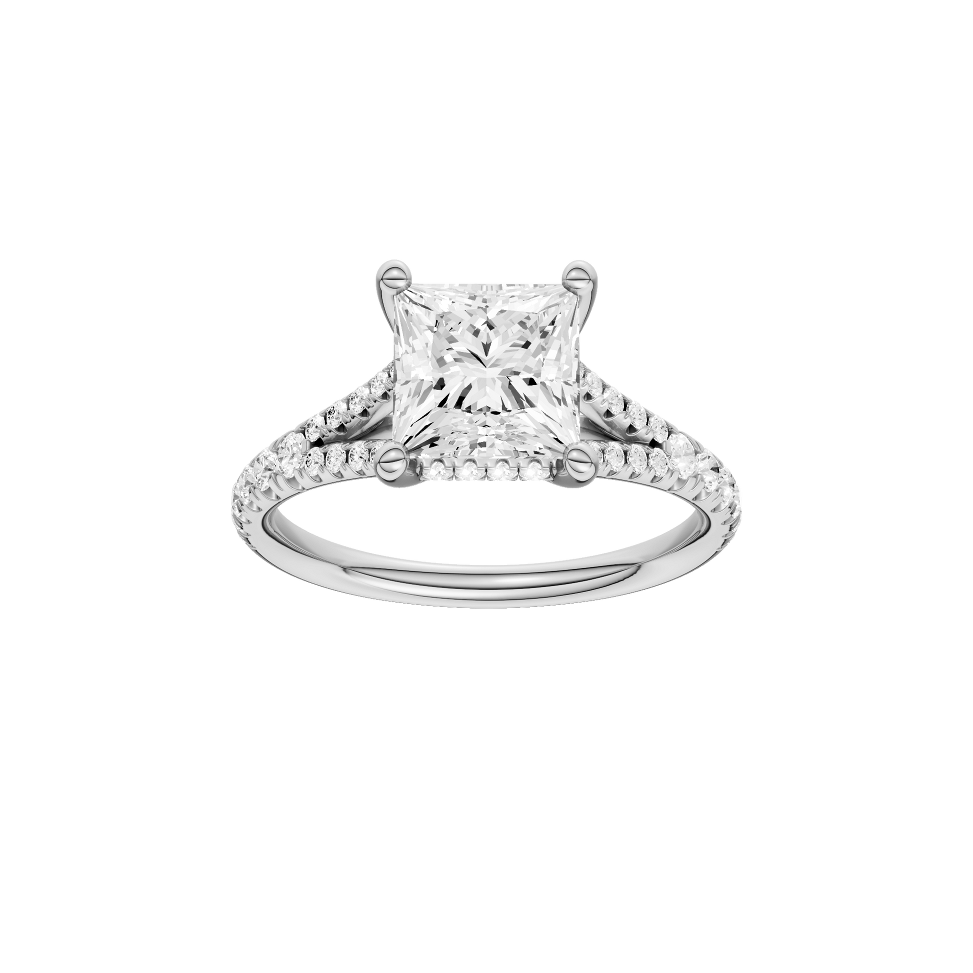 Princess-cut diamond engagement ring with a prong-set diamond band and hidden-halo setting.