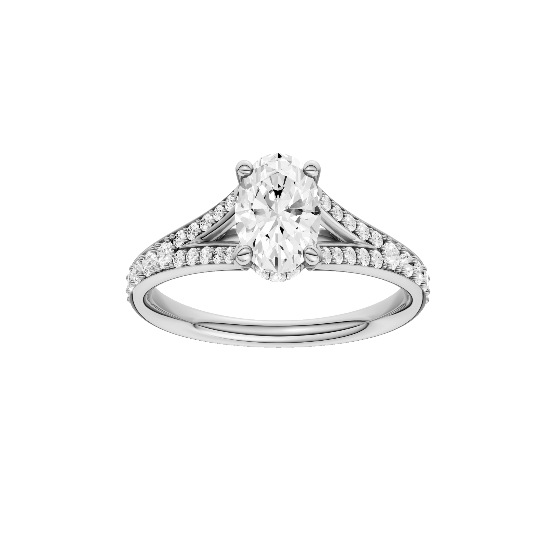 Oval-cut diamond engagement ring with a channel-set diamond band and hidden-halo setting.