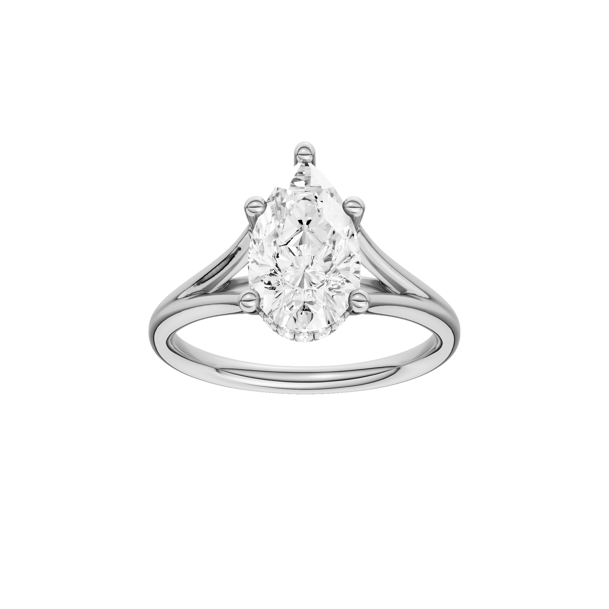 Pear-cut diamond engagement ring with a plain band and hidden-halo setting.
