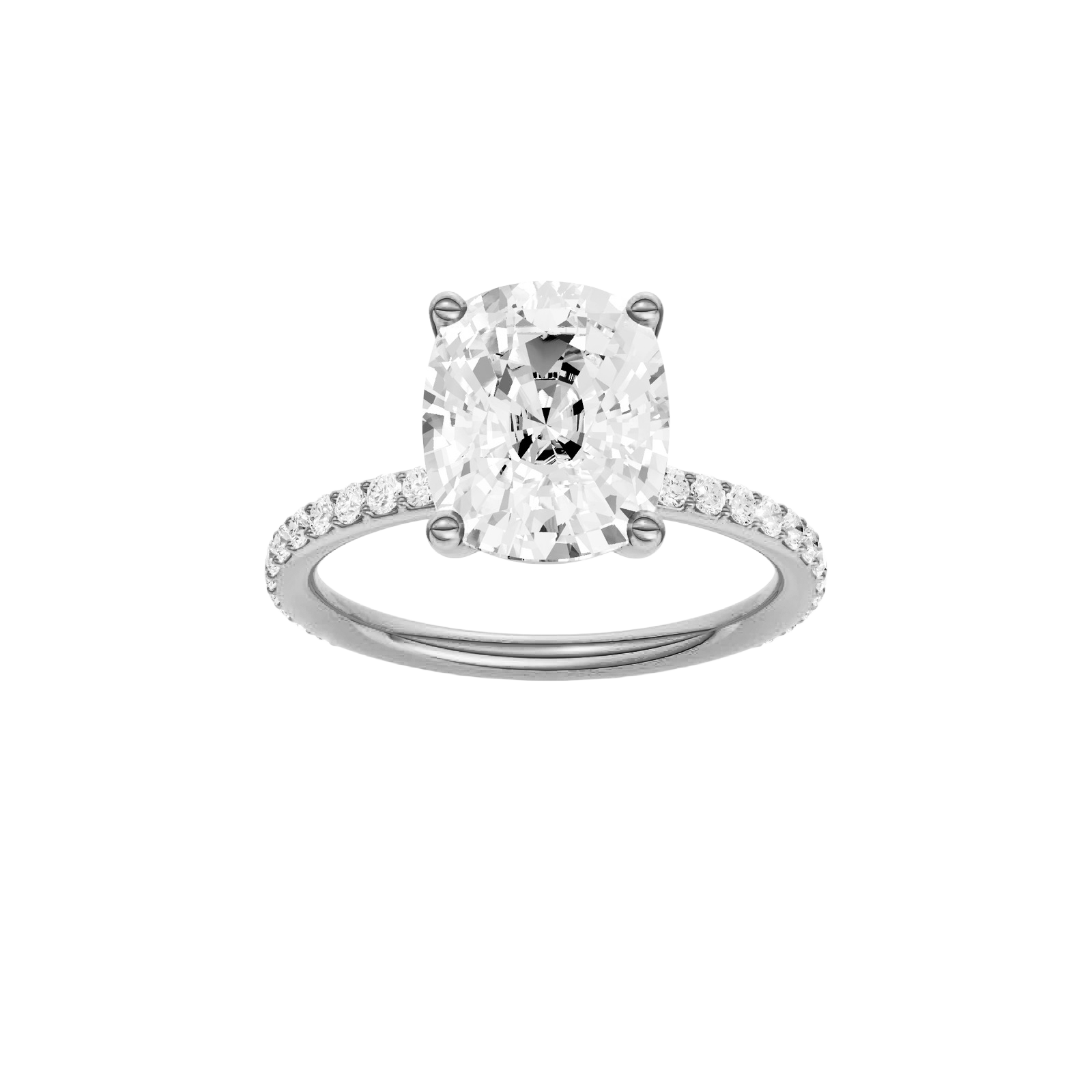 Elongated cushion-cut diamond engagement ring with a prong-set diamond band and solitaire setting.
