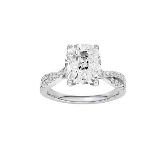 Elongated cushion-cut diamond engagement ring in 14k white gold with a prong-set diamond band and cathedral setting