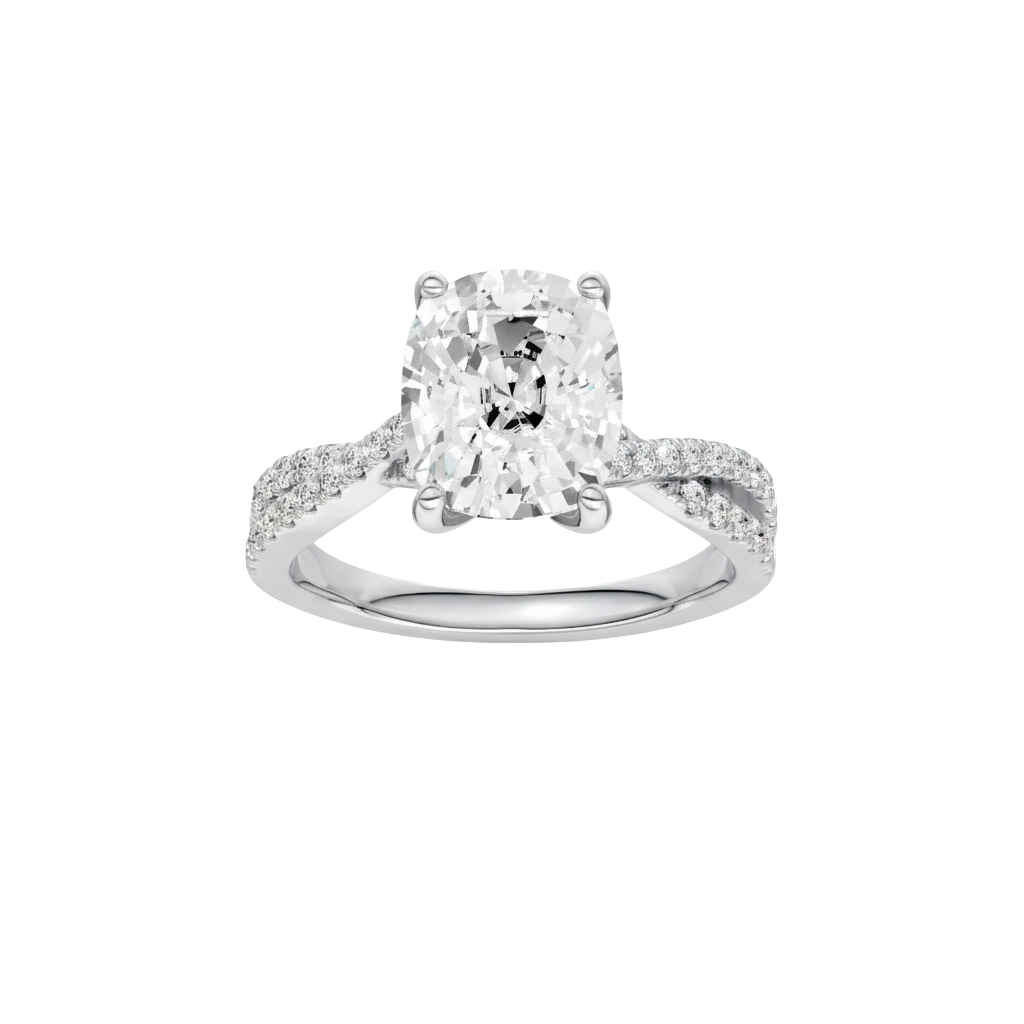 Elongated cushion-cut diamond engagement ring in 14k white gold with a prong-set diamond band and cathedral setting
