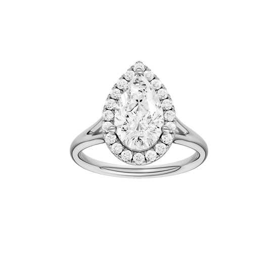 Pear-cut diamond engagement ring with a plain band and halo setting.