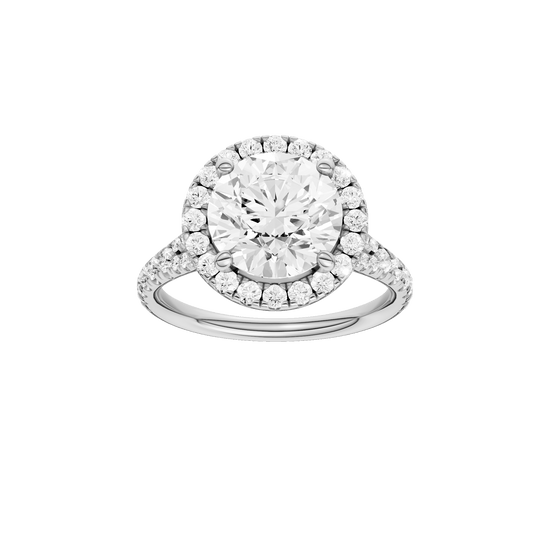 Round-cut diamond engagement ring with a prong-set diamond band and halo setting.