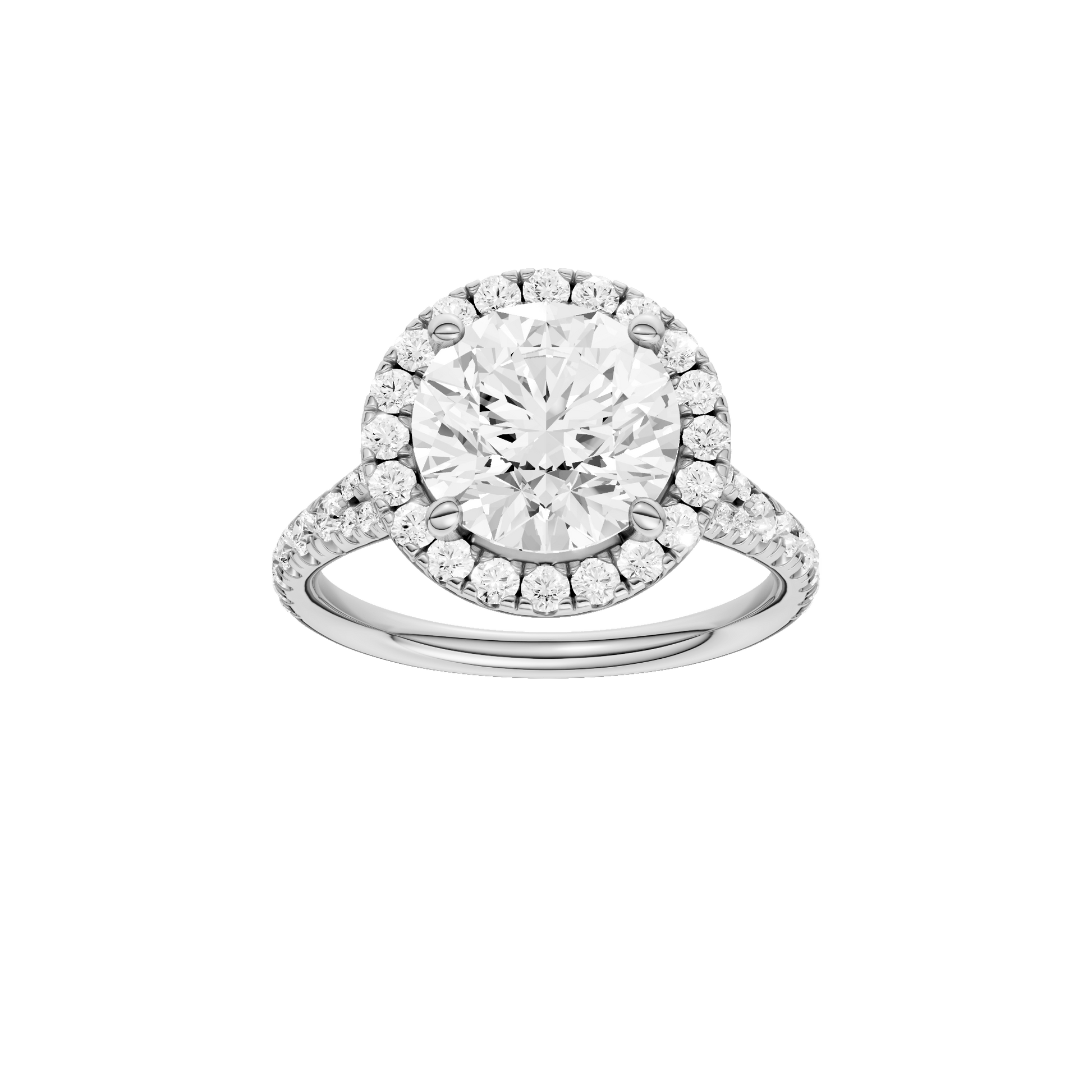 Round-cut diamond engagement ring with a prong-set diamond band and halo setting.