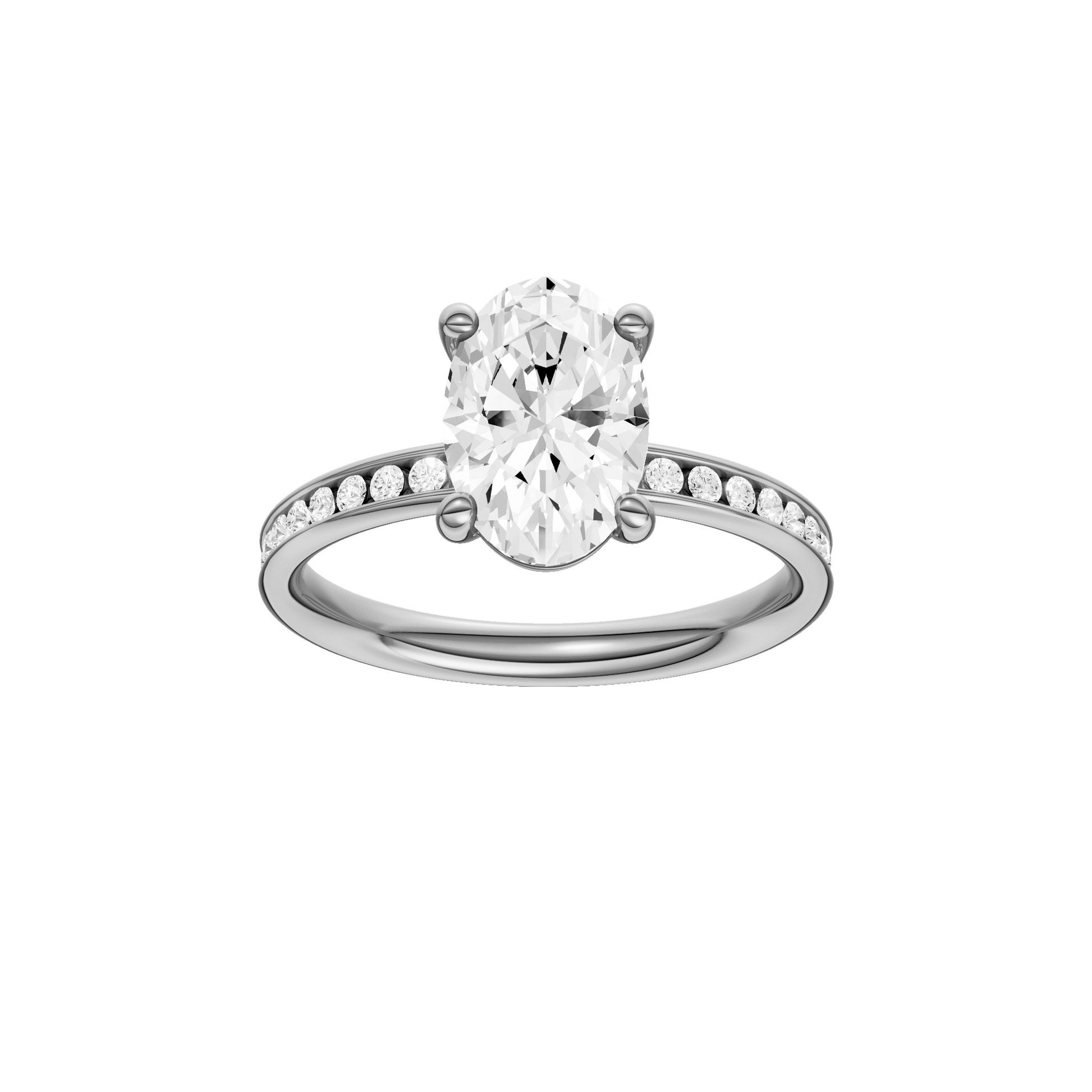 Oval-cut diamond engagement ring with a channel-set diamond band and solitaire setting.