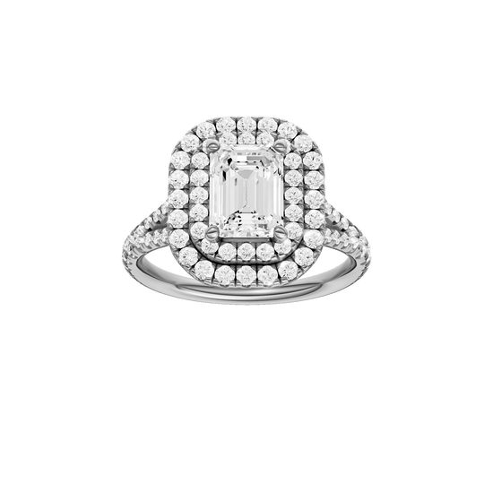 Emerald-cut diamond engagement ring with a prong-set diamond band and double-halo setting.