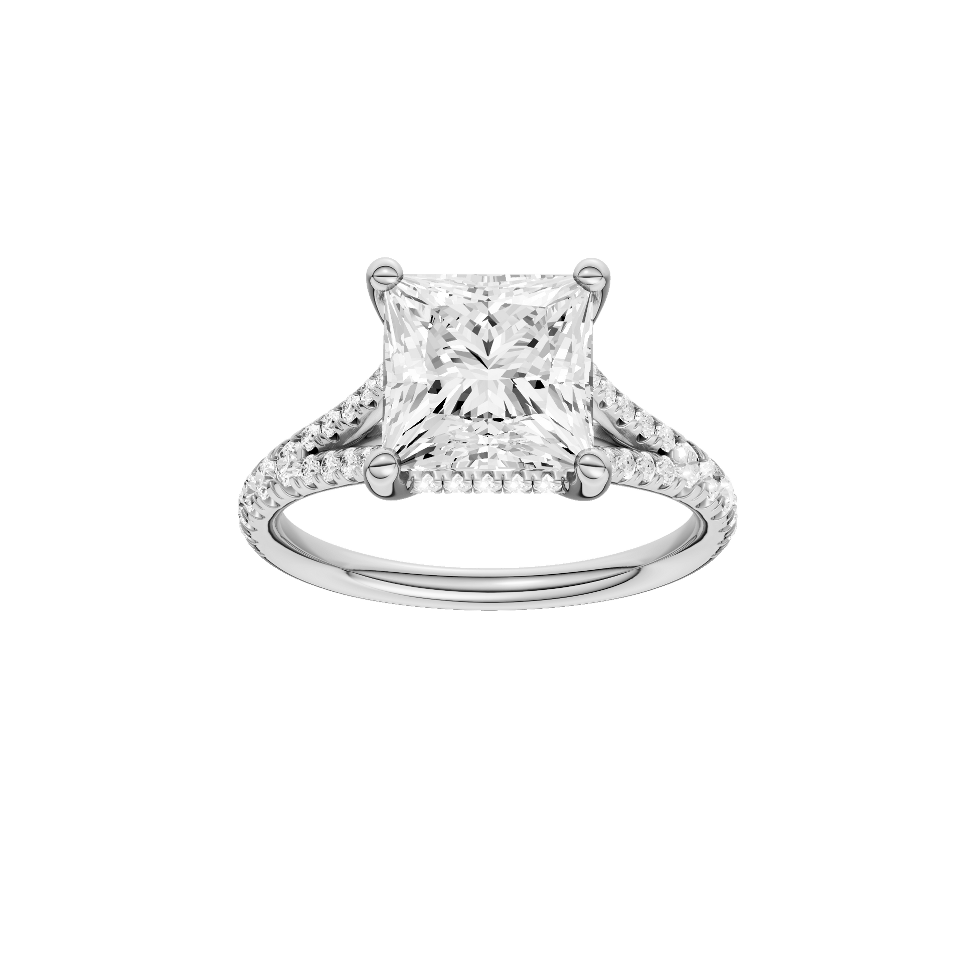 Princess-cut diamond engagement ring with a prong-set diamond band and hidden-halo setting.