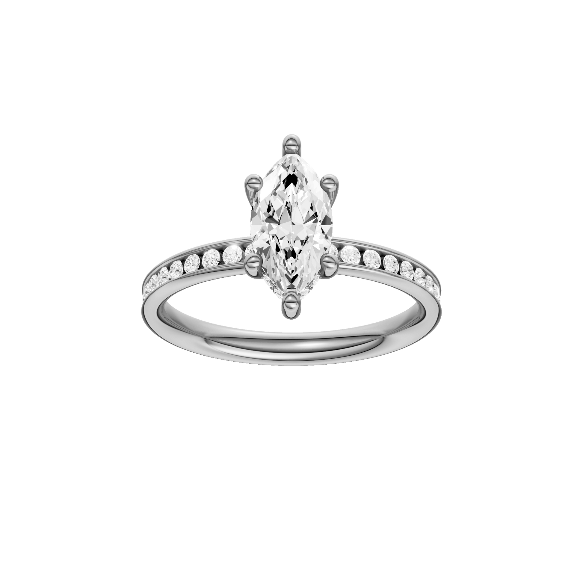 Marquise-cut diamond engagement ring with a channel-set diamond band and hidden-halo setting.
