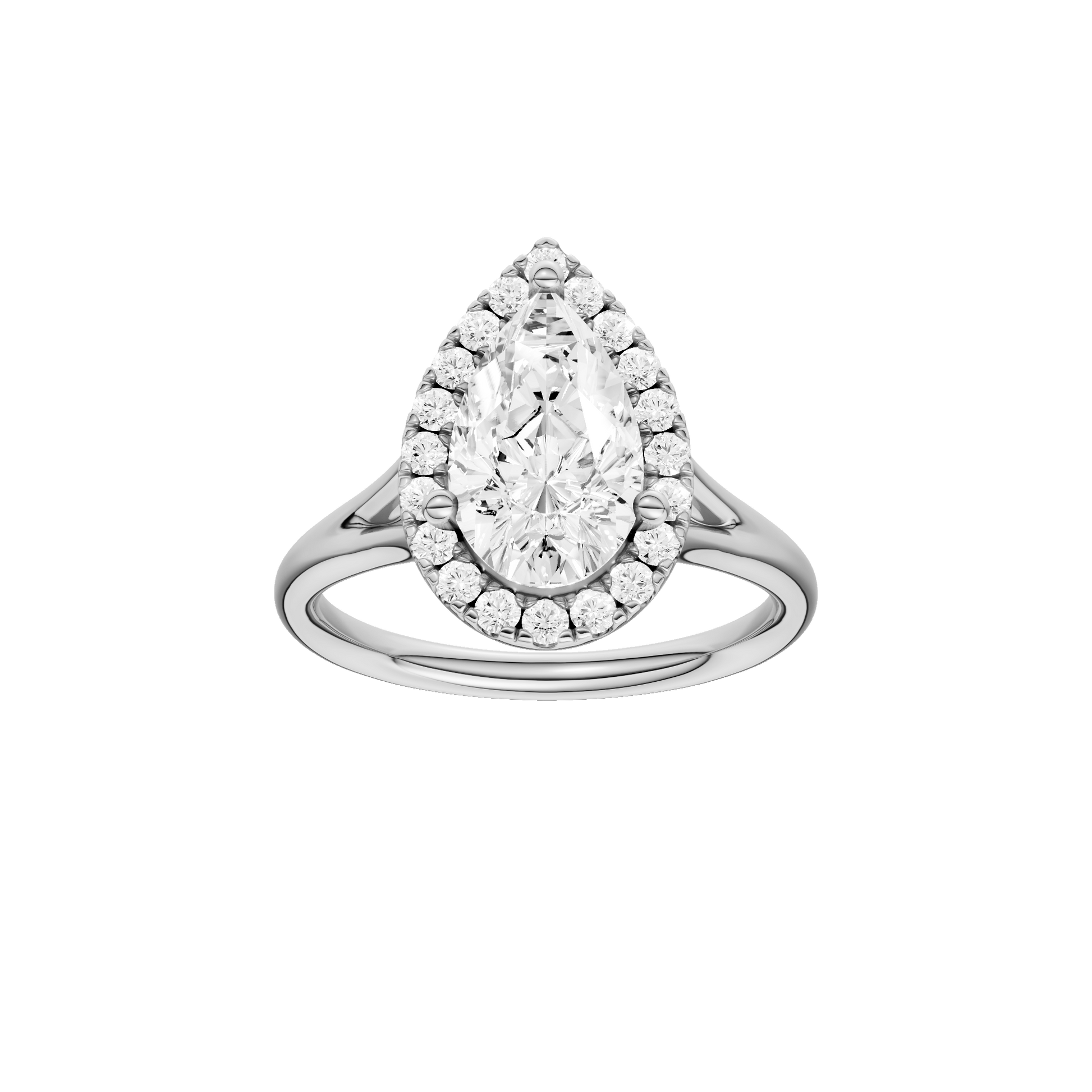 Pear-cut diamond engagement ring with a plain band and halo setting.