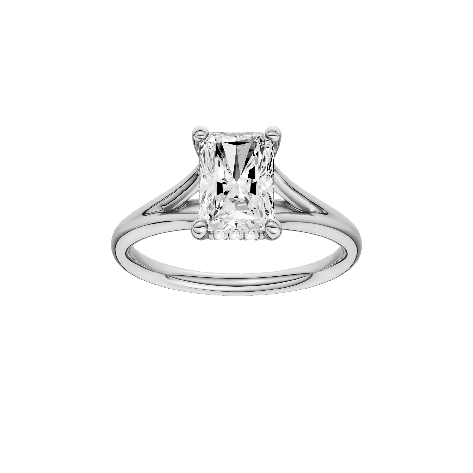 Radiant-cut diamond engagement ring with a plain band and hidden-halo setting.