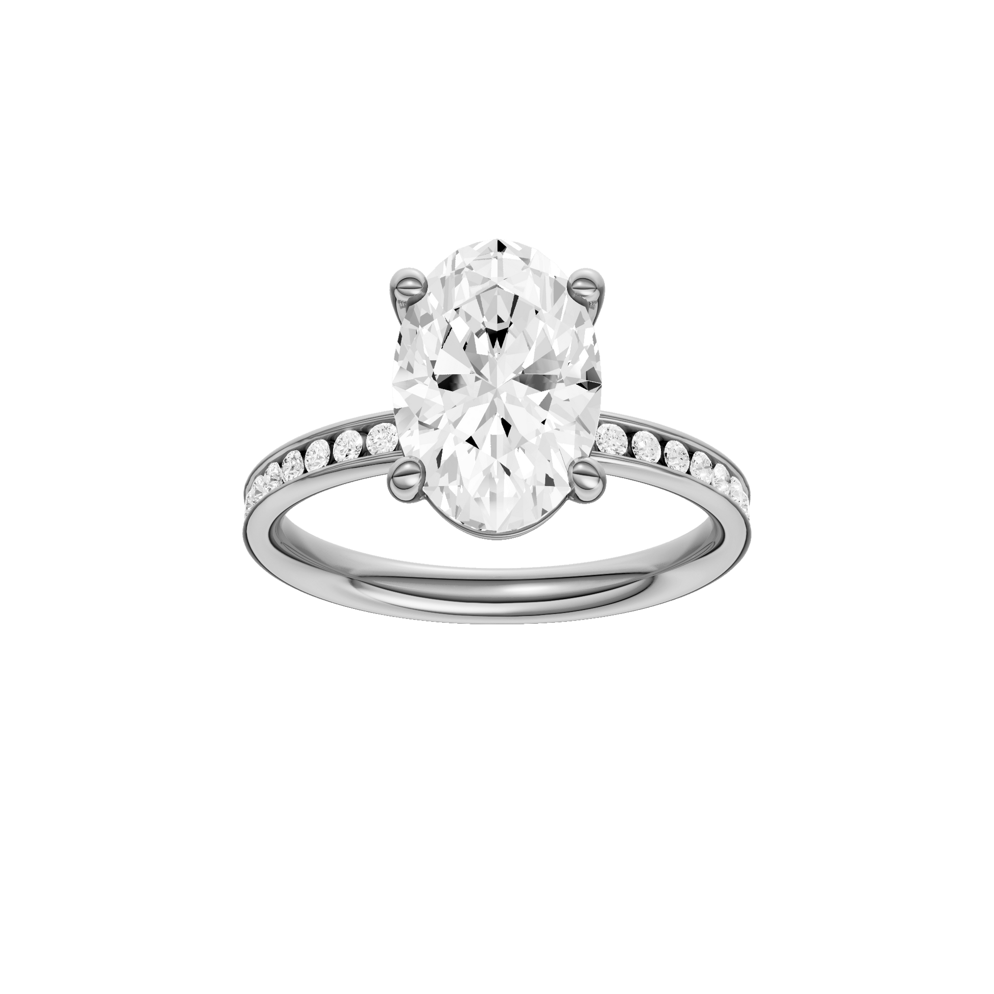 Oval-cut diamond engagement ring with a channel-set diamond band and solitaire setting.