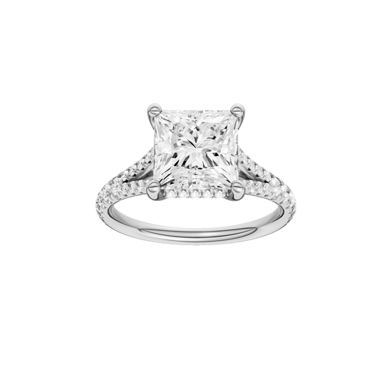 Princess-cut diamond engagement ring with a prong-set diamond band and hidden-halo setting.