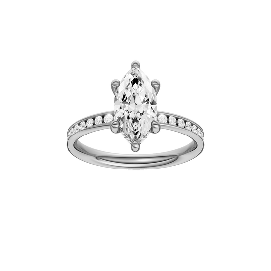 Marquise-cut diamond engagement ring with a channel-set diamond band and hidden-halo setting.