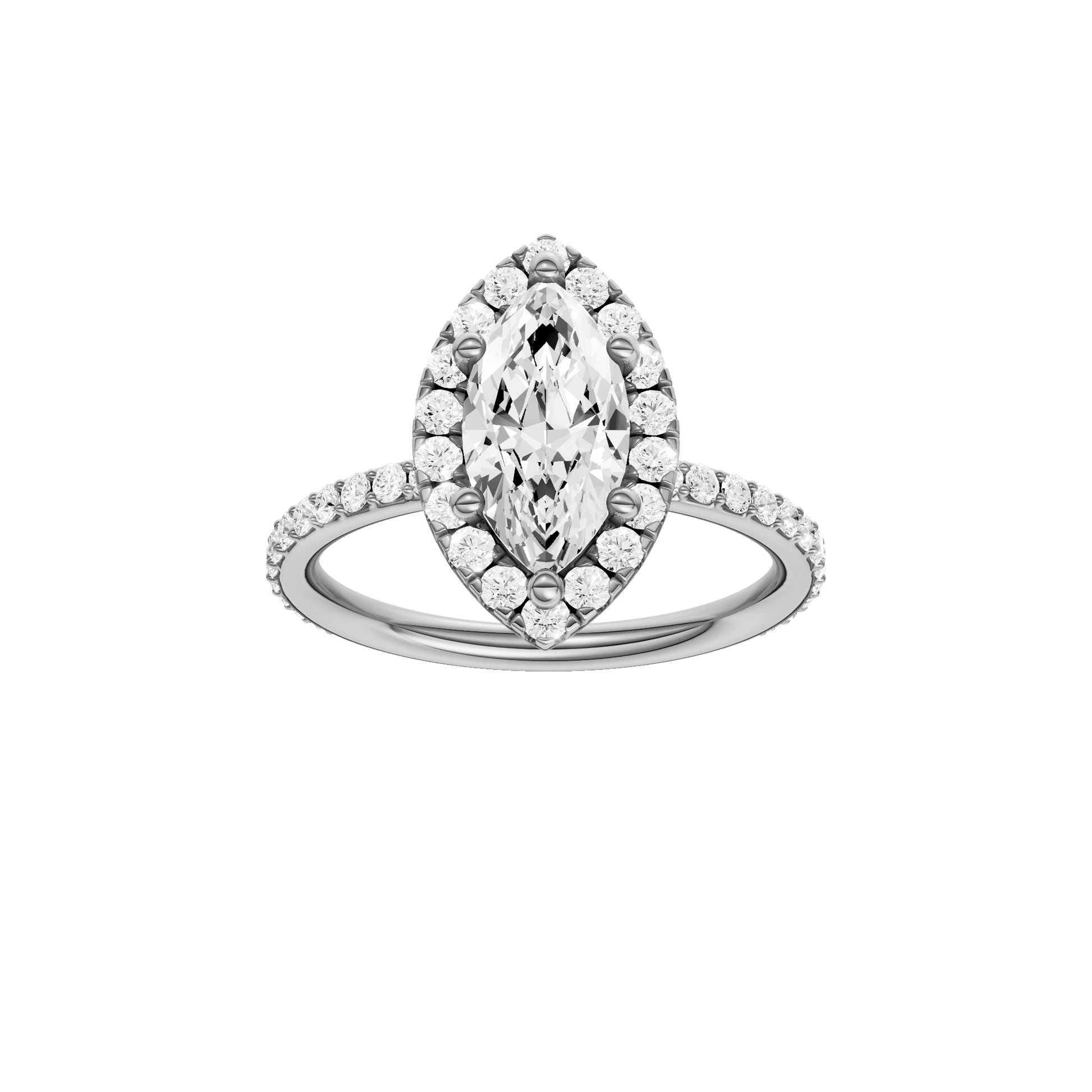 Marquise-cut diamond engagement ring with a prong-set diamond band and halo setting.