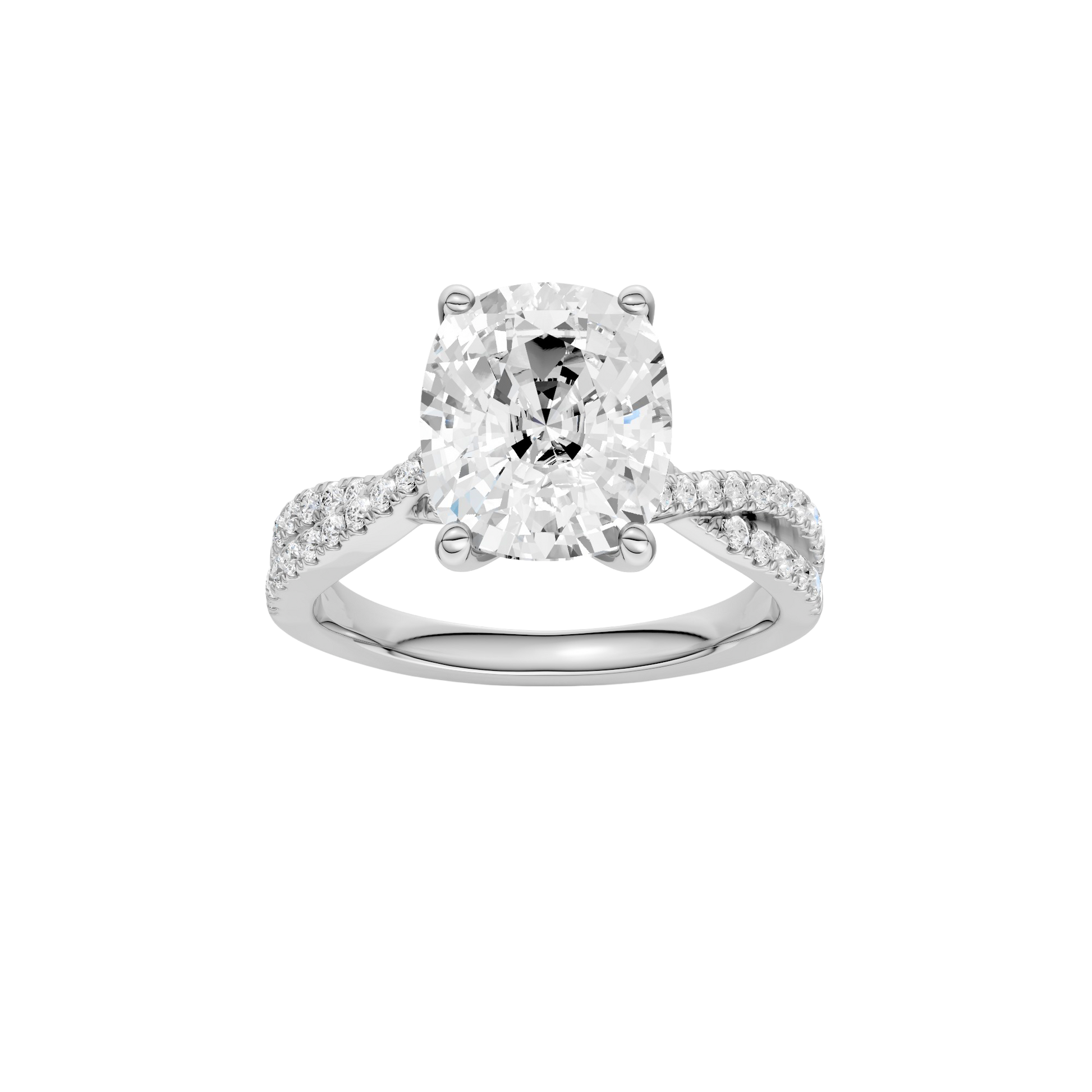 Elongated cushion-cut diamond engagement ring in 14k white gold with a prong-set diamond band and cathedral setting