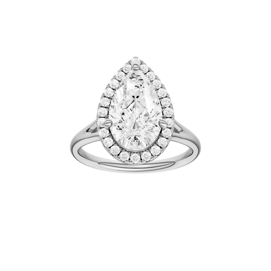 Pear-cut diamond engagement ring with a plain band and halo setting.