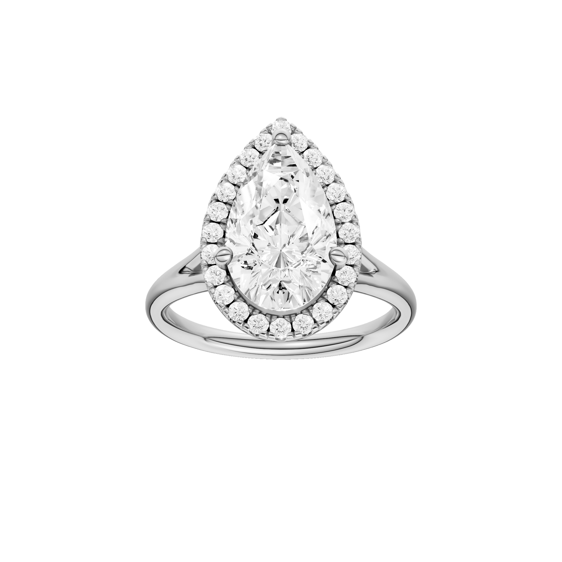 Pear-cut diamond engagement ring with a plain band and halo setting.