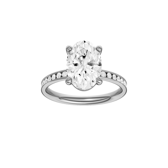 Oval-cut diamond engagement ring with a channel-set diamond band and solitaire setting.