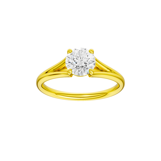 Round-cut diamond engagement ring with a plain band and solitaire setting.