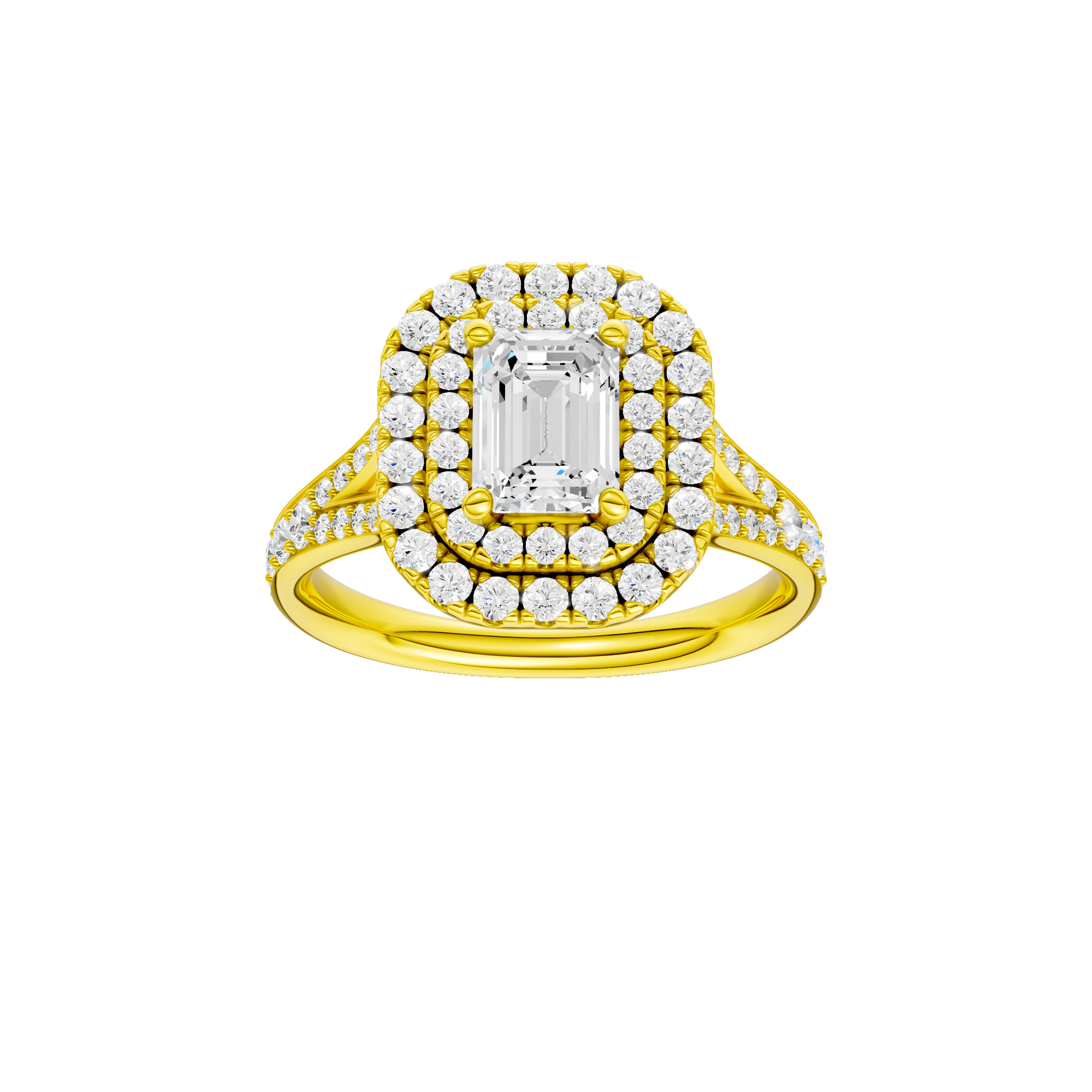 Emerald-cut diamond engagement ring with a channel-set diamond band and double-halo setting.