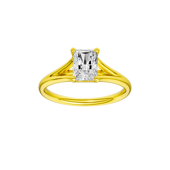 Radiant-cut diamond engagement ring with a plain band and solitaire setting.