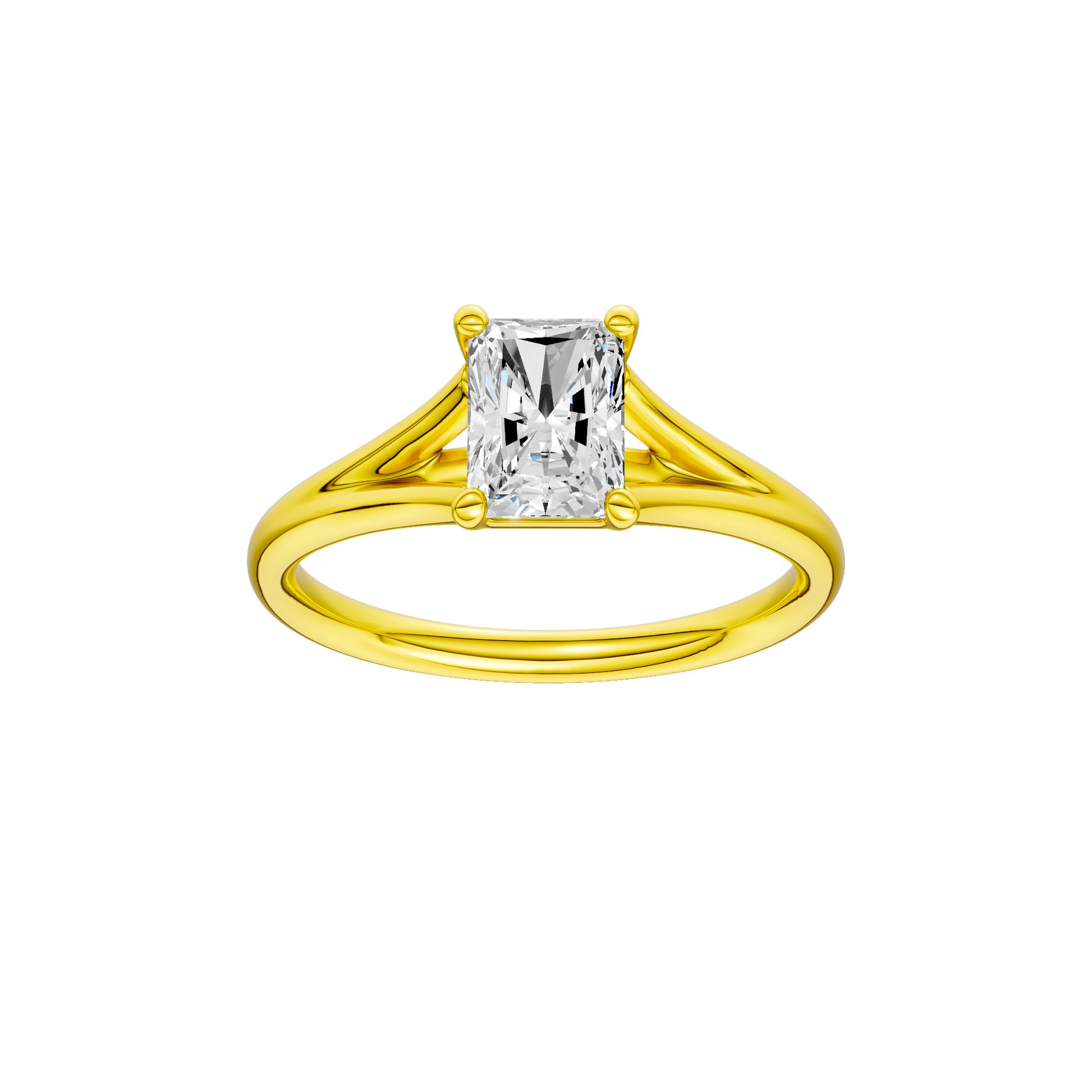 Radiant-cut diamond engagement ring with a plain band and solitaire setting.