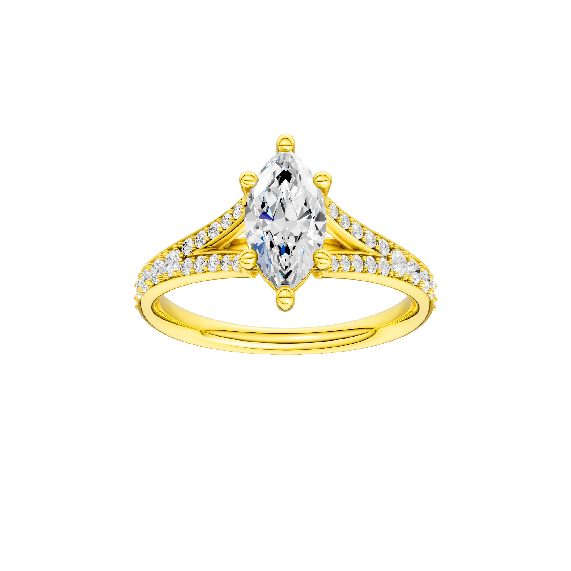 Marquise-cut diamond engagement ring with a channel-set diamond band and solitaire setting.