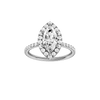 Marquise-cut diamond engagement ring with a prong-set diamond band and halo setting.
