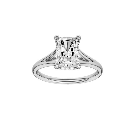 Radiant-cut diamond engagement ring with a plain band and hidden-halo setting.
