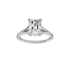 Radiant-cut diamond engagement ring with a plain band and hidden-halo setting.