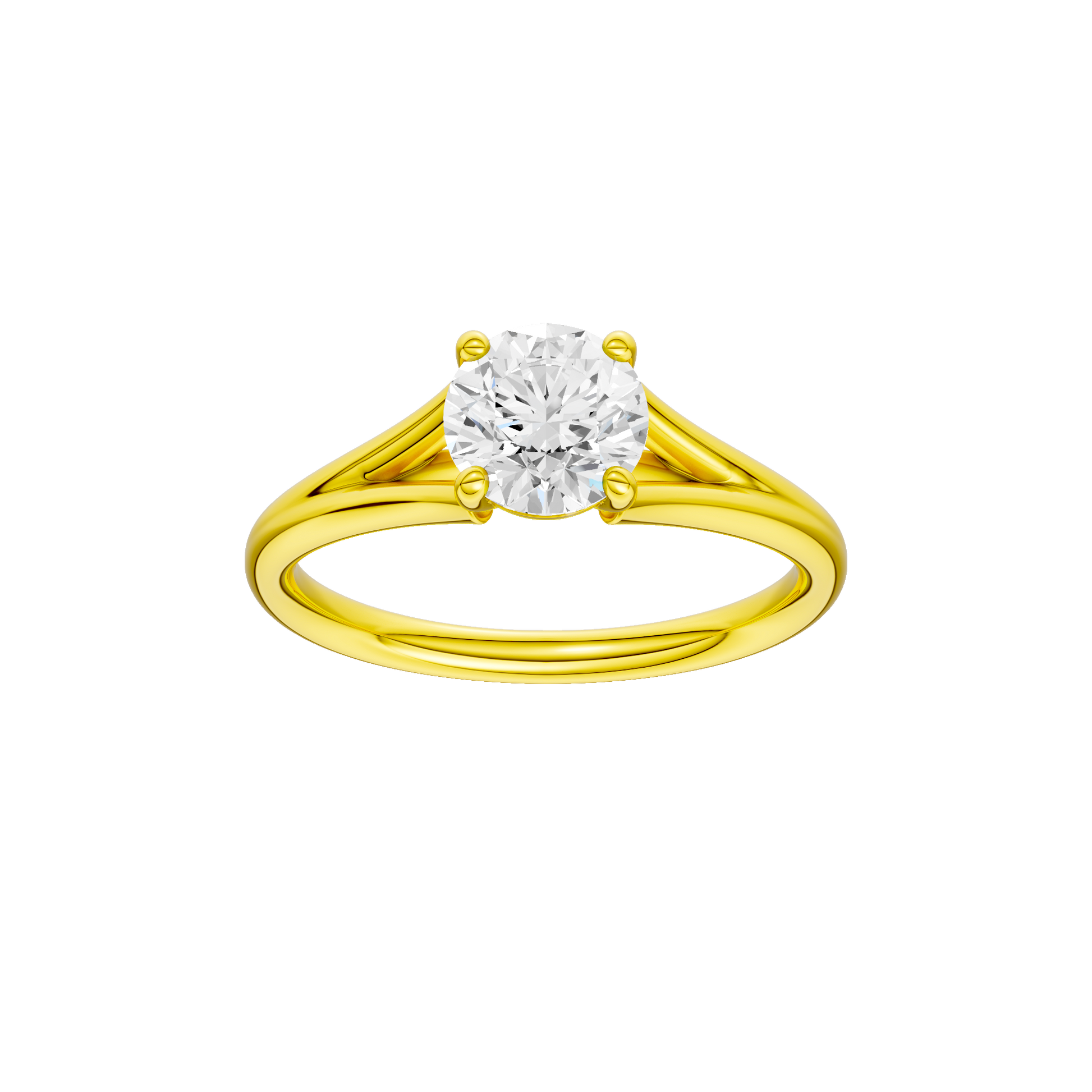 Round-cut diamond engagement ring with a plain band and solitaire setting.
