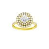 Round-cut diamond engagement ring with a prong-set diamond band and double-halo setting.