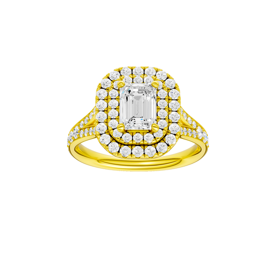 Emerald-cut diamond engagement ring with a channel-set diamond band and double-halo setting.