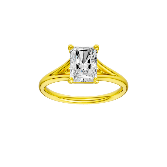 Radiant-cut diamond engagement ring with a plain band and solitaire setting.