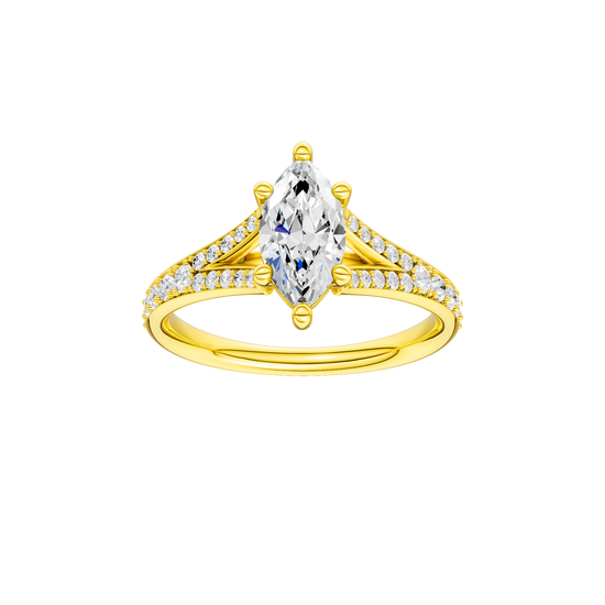 Marquise-cut diamond engagement ring with a channel-set diamond band and solitaire setting.