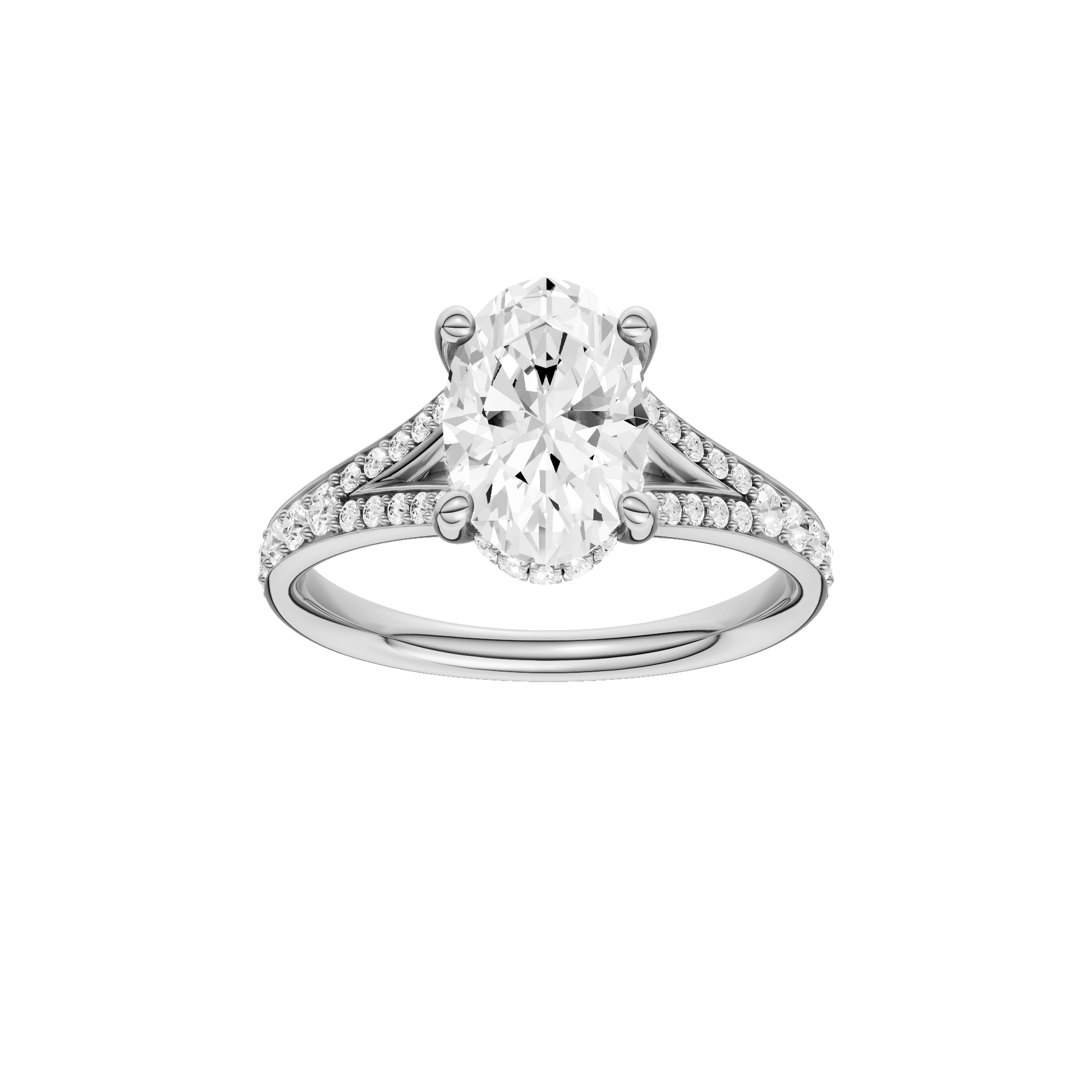 Oval-cut diamond engagement ring with a channel-set diamond band and hidden-halo setting.