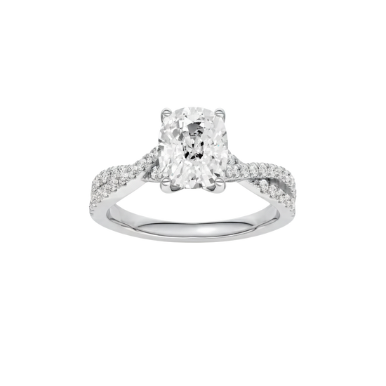 Elongated cushion-cut diamond engagement ring in 14k white gold with a prong-set diamond band and cathedral setting