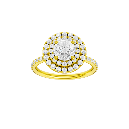 Round-cut diamond engagement ring with a prong-set diamond band and double-halo setting.