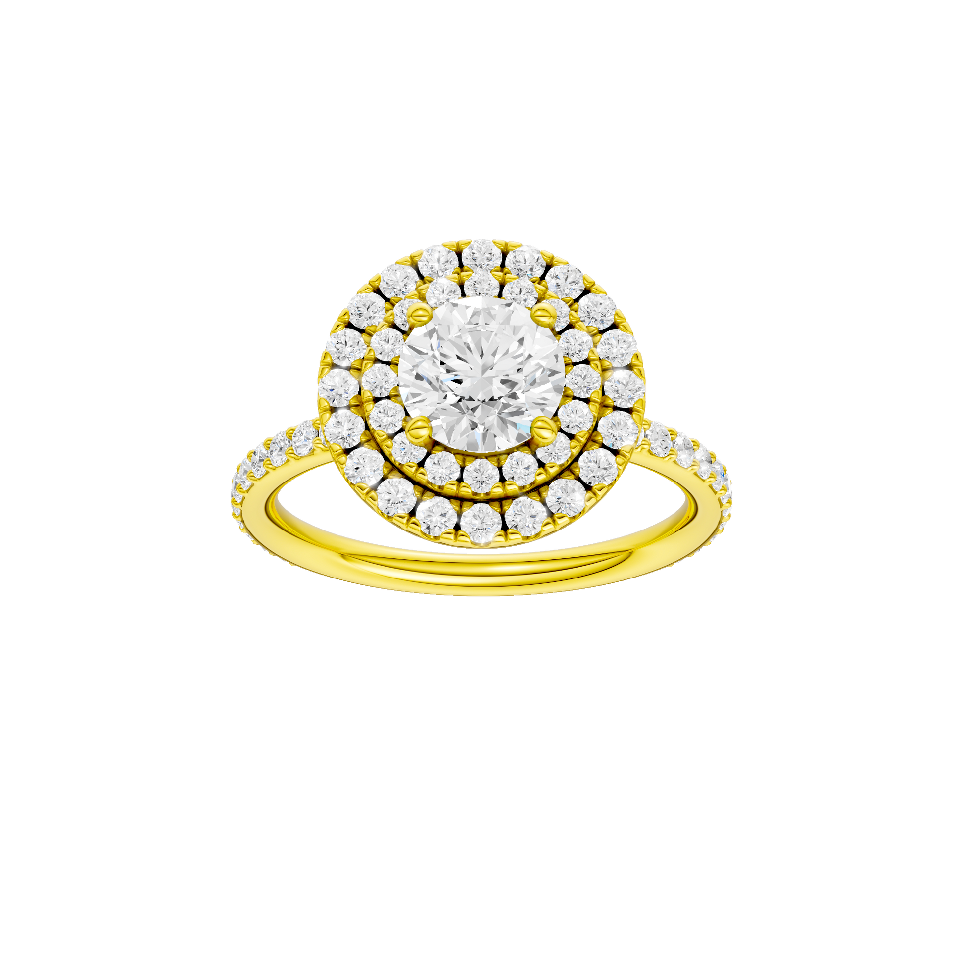 Round-cut diamond engagement ring with a prong-set diamond band and double-halo setting.