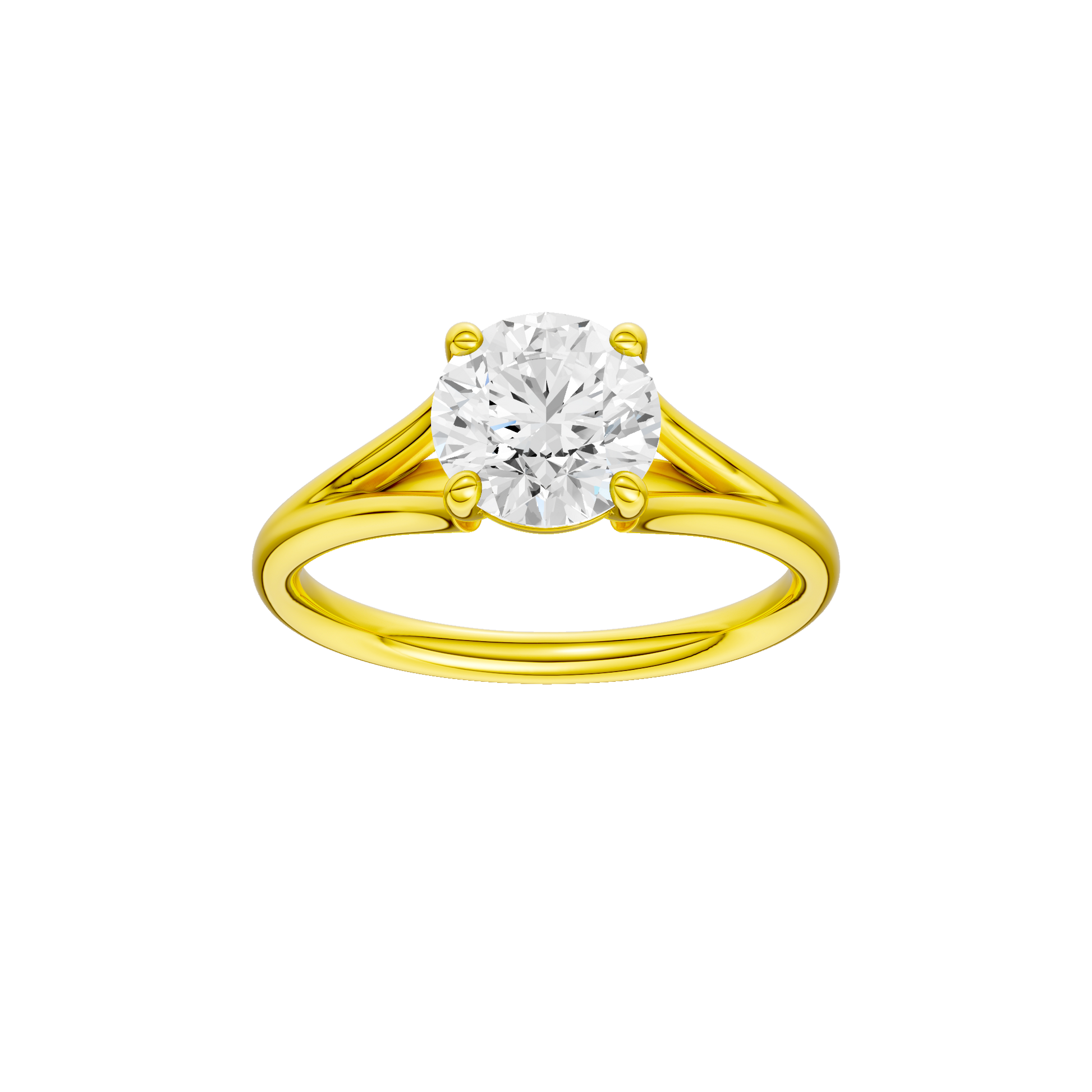 Round-cut diamond engagement ring with a plain band and solitaire setting.