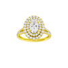 Oval-cut diamond engagement ring with a prong-set diamond band and double-halo setting.
