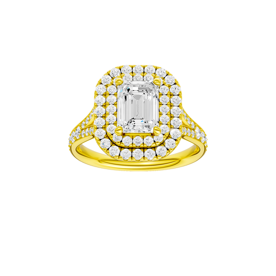 Emerald-cut diamond engagement ring with a channel-set diamond band and double-halo setting.