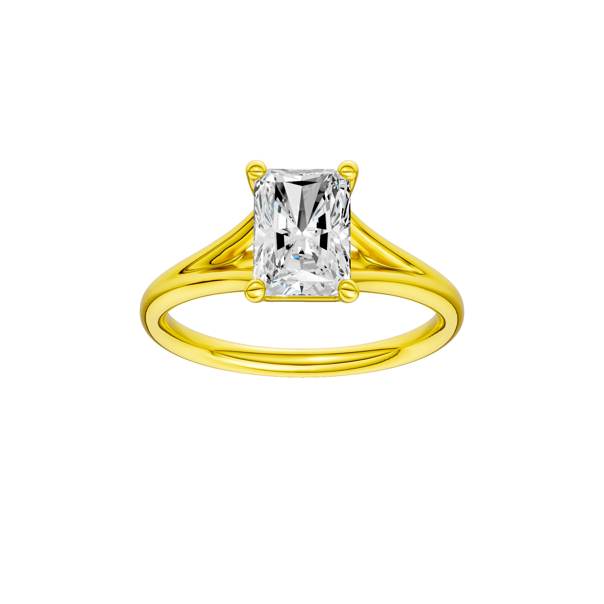 Radiant-cut diamond engagement ring with a plain band and solitaire setting.