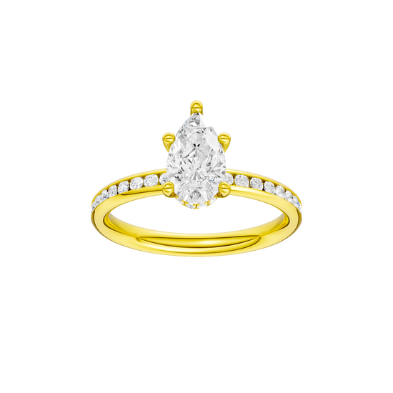 Pear-cut diamond engagement ring with a channel-set diamond band and hidden-halo setting.