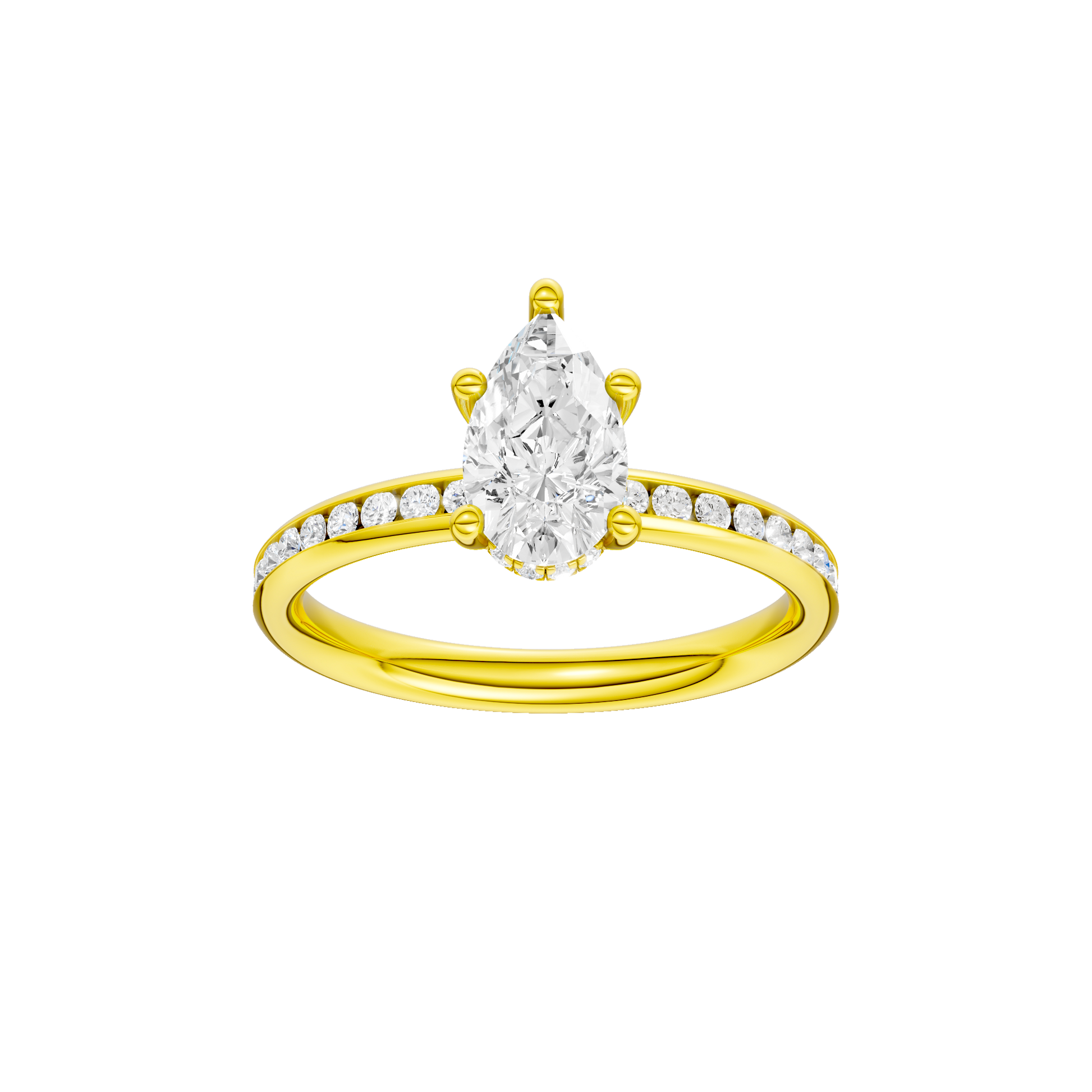 Pear-cut diamond engagement ring with a channel-set diamond band and hidden-halo setting.