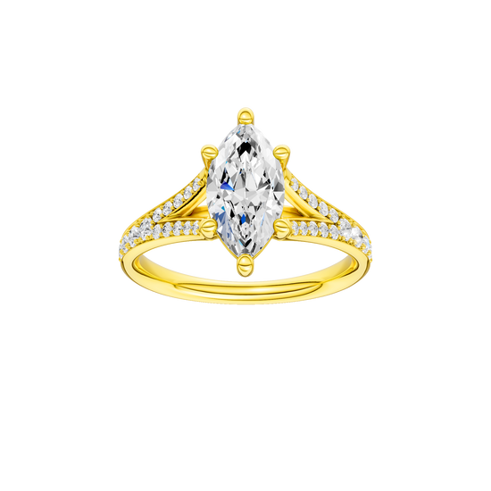 Marquise-cut diamond engagement ring with a channel-set diamond band and solitaire setting.