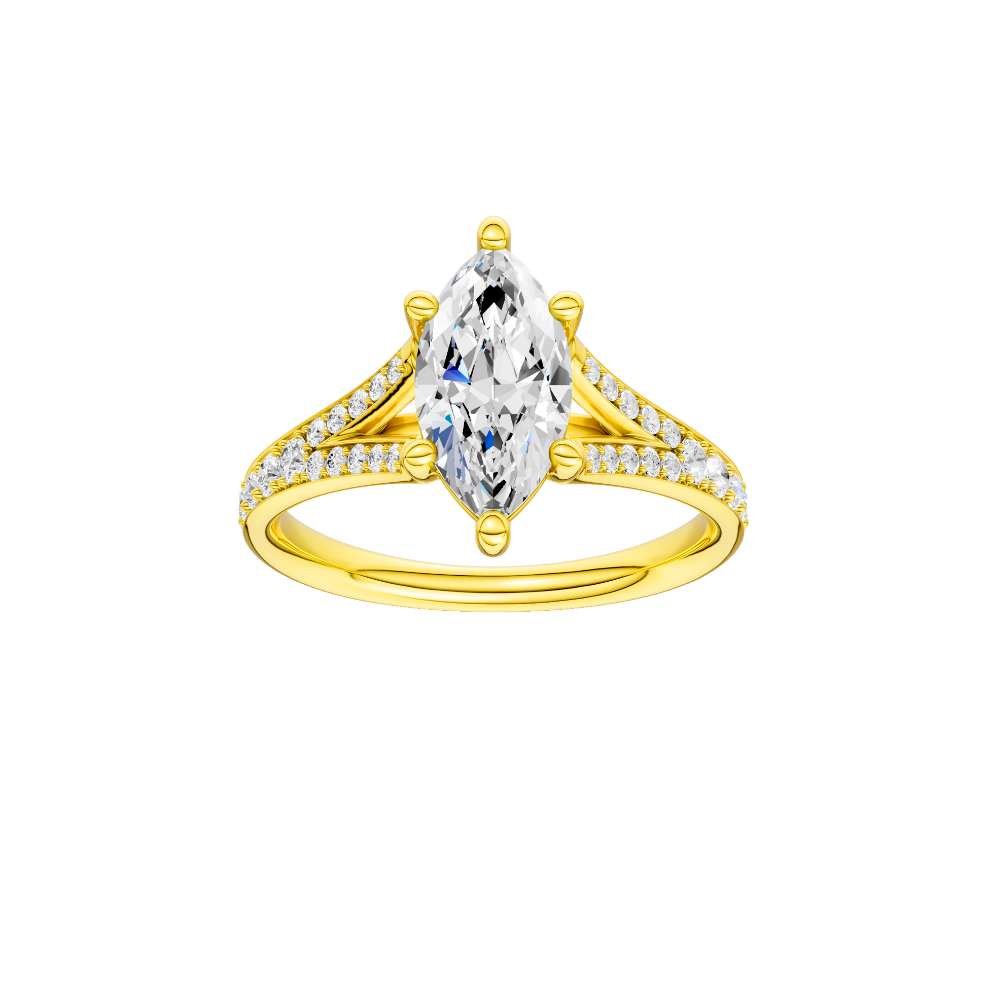 Marquise-cut diamond engagement ring with a channel-set diamond band and solitaire setting.