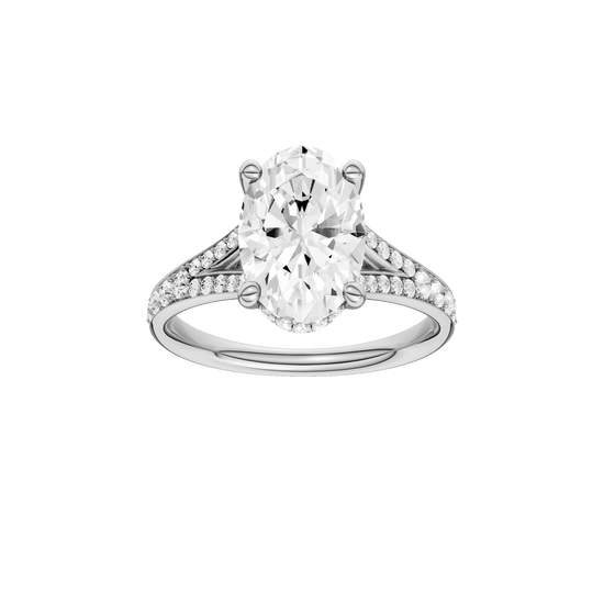Oval-cut diamond engagement ring with a channel-set diamond band and hidden-halo setting.