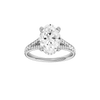 Oval-cut diamond engagement ring with a channel-set diamond band and hidden-halo setting.